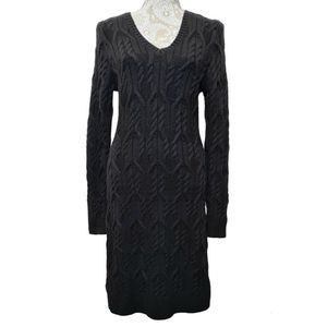 Ann Taylor Black Cable Knit Fisherman Sweater Dress Women Medium Tall
